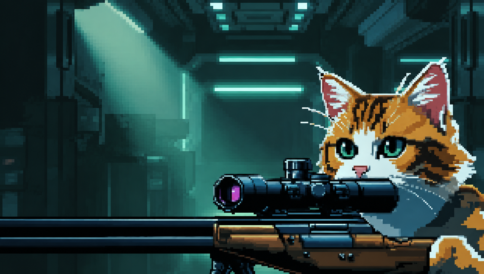 Pixel-art cat looking through a sniper scope in a sci-fi corridor